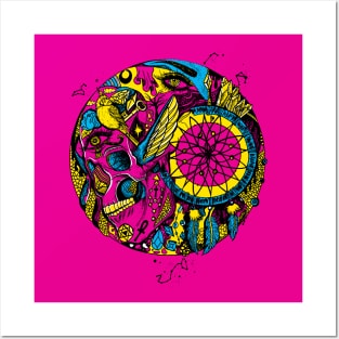 CMYK Skull and Dreamcatcher Circle Posters and Art